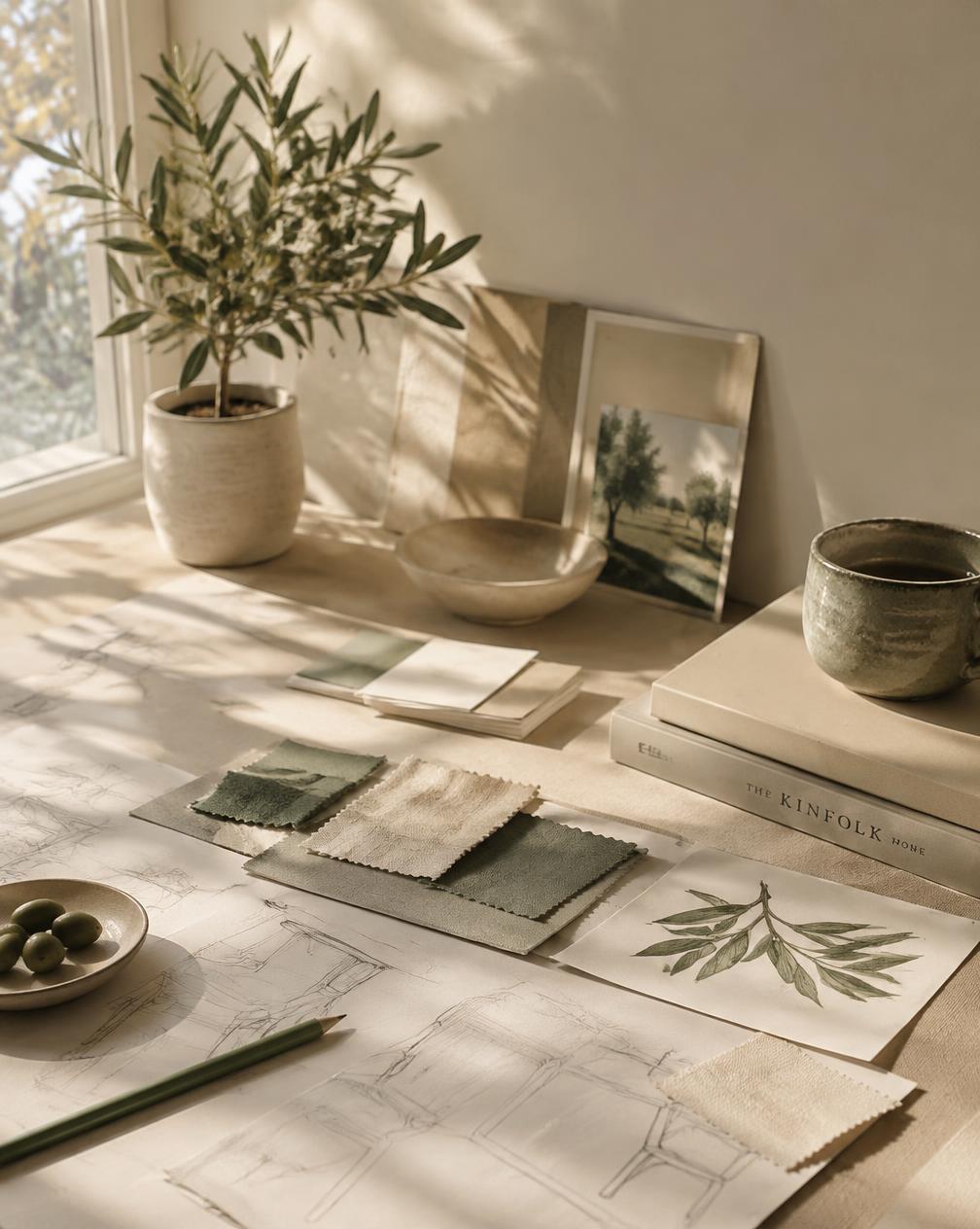 VEYRA studio desk with sketches and material swatches